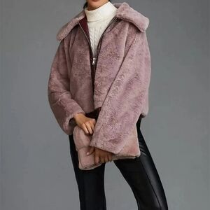 Maeve x Anthropologie Faux Fur Jacket Patent Trim Pink Rose Mauve, Large, NWOT